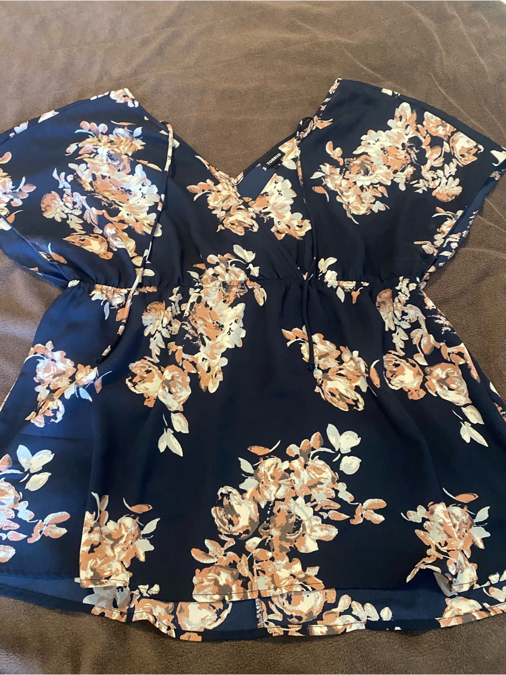 torrid Navy Floral V-Neck Tunic with Peach Blooms